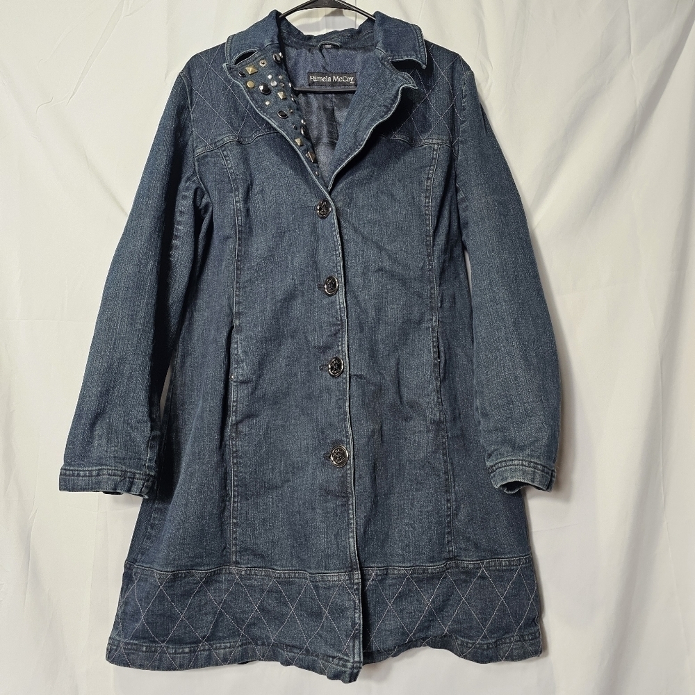 Pamela McCoy medium denim bedazzled collar trench coat